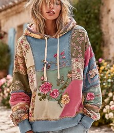abordables -Haut à capuche bohème vintage 3D imprimé pour femmes patchwork sweat-shirt floral à enfiler décontracté ample manches longues chaud actif capuche vêtements de rue quotidiens bleu foncé violet vert