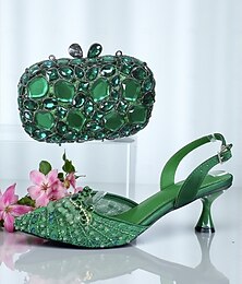 levne -Dámské zelené boty na podpatku s kamínky a sada kabelky - elegantní lodičky s rolákovým podpatkem a kabelka na koktejlový večírek a formální příležitost