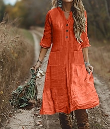 levne -Dámské Midi šaty Volnočasové šaty Bavlněné plátěné šaty Klasické Moderní Venkovní Dovolená Jdeme ven Běžný Bez vzoru Dlouhý rukáv Do V Černá Fialová Oranžová Světle modrá Podzim