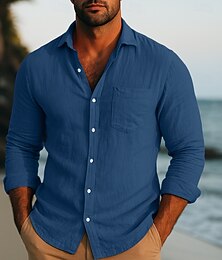 economico -Per uomo Camicia Camicia di lino Semplice Vacanza Casuale Rosa Blu marino Verde Grigio Manica Lunga Collo ripiegato Estate Primavera Abbigliamento Tasca