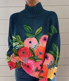 お買い得  -女性用 ニット カジュアル ソフト フラワー リブ タートルネック ニット プリント 長袖 レギュラートップス ニット アウトドア 日常 週末 ブラック ネイビーブルー 秋 冬