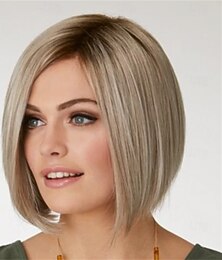 abordables -Perruque courte et lisse blonde cendrée ombrée pour femme, avec racines foncées, aspect naturel, cheveux synthétiques réalistes, résistants à la chaleur, style élégant et tendance au quotidien