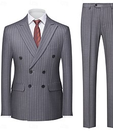 お買い得  -男性用 ウェディングスーツ カジュアル ビジネス ダック 秋 スーツ ピークドラペル フォーマル ストライプ スリムフィット 2点セット ダブルブレスト ６ボタン