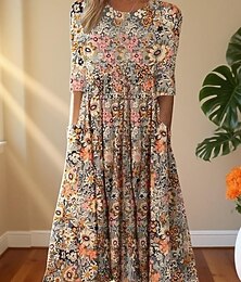abordables -Femmes Robe Midi Robe Décontractée Robe Imprimée Basique Romantique Occasionnel Vacances Quotidien Robe d'Automne Coupe régulière Fleuri Graphique Demi Manches Col ras du cou Jaune Bleu Orange Automne