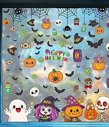 お買い得  -ハロウィーンの窓用ステッカー5枚セット、デカール、デコレーション、漫画のカボチャ、頭蓋骨、幽霊、クモの巣 &コウモリ、静電気でくっつく、ハロウィンパーティーのホームデコレーション
