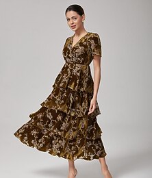 abordables -Femmes Féminin Robe Décontractée Robe Longue Maxi Robe Marron Manche Courte Floral Automne Inter-saisons Col en V ancien XS S M