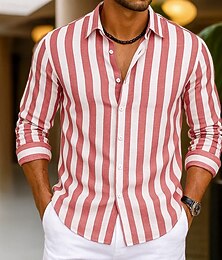 preiswerte -Herren Hemd Leinenhemd Sommerhemd Strandhemd Baumwoll-Leinen-Hemd Gestreifte Hemden Gestreift Urlaub Lässig Gelb Rosa Blau Grün Langarm Umlegekragen Sommer Frühling Bekleidung Button-Down