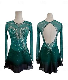preiswerte -Eiskunstlaufkleid Damen Mädchen Eislaufen Kleid Waldgrün Patchwork Daumenloch Netzstoff Spandex Hohe Elastizität Training Wettbewerb Eiskunstlaufkleidung Klassisch Kristall / Strass Langarm Eislaufen