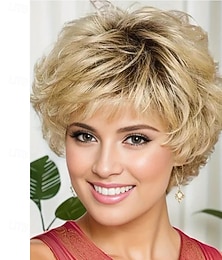 economico -parrucche bionde corte e ricce per donne bianche, parrucca bionda sfumata a strati con taglio pixie e frangia, parrucche sintetiche complete dall'aspetto naturale per feste quotidiane