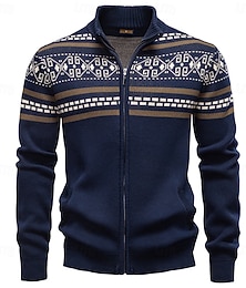 abordables -Homme Gilet Cardigan Pull Fair Isle Tricoter Hauts Réguliers Zip Up Géométrique Col roulé Noël Gilet Vacances Occasionnel Vêtement Tenue Printemps Automne bleu marine Kaki S M L