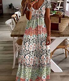 abordables -Femmes Longueur du plancher Robe Décontractée Robe trapèze Robe d'été Élégant Bohème Vacances Coupe régulière A Ombre Fleuri Graphique Manche Courte Col en U Vert Claire Été Printemps Automne