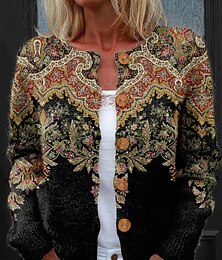 economico -Maglione Cardigan da Donna In Maglia A Coste Con Bottoni Davanti Collo Rotondo Maniche Lunghe Leggero Casual Con Stampa Grafica Paisley Colori Nero Giallo Primavera Autunno