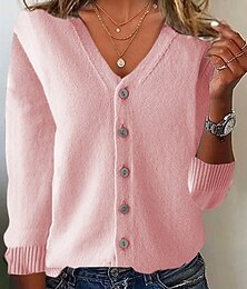 abordables -Mujer Pulóveres Cárdigan Moda Ropa de calle Diario Color sólido Estriado Escote en Pico De Punto Manga Larga Tops regulares Tejer Festivos Noche Fin de semana Negro Blanco Otoño Invierno