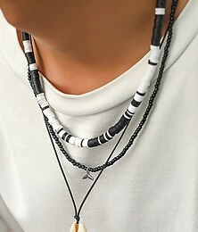 economico -set di collane da spiaggia da uomo in 3 pezzi: perline in resina bianche e nere, ciondolo a conchiglia e catena in corda di cera - gioielli in stile surfista per l'estate, i festival e gli outfit casual