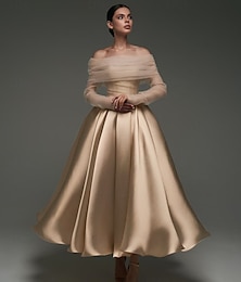 preiswerte -Ballkleid Satin A-Linie Cocktail Elegante Kleider Formelle Hochzeit Knöchellang Lange Ärmel Off Shoulder Abnehmbar mit Schal