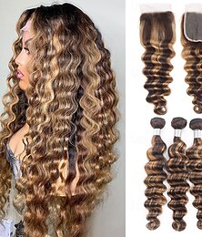 abordables -Lot de 3 extensions de cheveux humains à mèches P4/27 avec fermeture 4*4 pour femmes noires