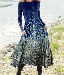 ieftine -Pentru femei Rochii Midi Rochie A line Rochie Fit And Flare Vacanță Casual Zilnic Ieșire Fit regulat Ombre Grafic Geometric Manșon Lung Stil Nautic Alb Roz Îmbujorat Albastru piscină Gri Primăvar
