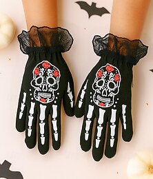 levne -Dámské halloweenské rukavice s motivem kostry – černá krajková manžeta s potiskem lebky a cukru, kostýmní doplňky na párty, cosplay a noční život