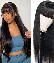 economico -parrucche dritte con frangia parrucche di capelli umani per donne nere senza pizzo frontale parrucche vergini brasiliane senza colla parrucca fatta a macchina colore naturale