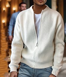 abordables -Homme Gilet Cardigan Pull Court Pull zippé Pull Tricoté Côtelé Tricoter Hauts Réguliers Avec Poches Uni Col montant Mode Classique Vacances Tenue quotidienne Vêtement Tenue Automne Hiver Noir Beige M