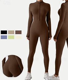 ieftine -Pentru femei Antrenament de antrenament Salopă dintr-o bucată Inchide fermuarul Culoare solidă Salopetă Negru Alb Sală de fitness Pilates Yoga Controlul abdomenului Manșon Lung Sportiv Îmbrăcăminte