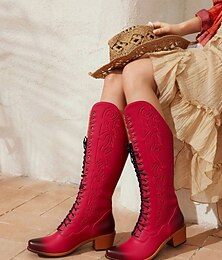 olcso -vintage piros fűzős western cowboy csizma - térdig érő női bőrcsizma country és western rendezvényekre