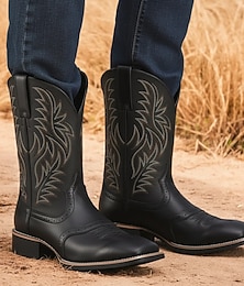 levne -pánské hnědé westernové kovbojské boty s vyšívaným dříkem, odolná umělá kůže na ranč a běžné nošení