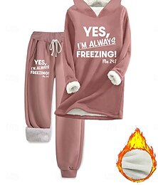 baratos -Mulheres Diário à moda Conjuntos de duas peças Moletom Conjuntos de calças Manga Longa Com Capuz Gráfico Letra Com Cordão Imprimir Casual Diário Preto Rosa Rosa Escuro Outono Normal