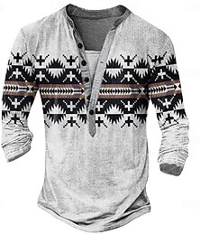 billige -Herre Trykt mønster Etnisk T skjorte Henly-skjorte Langermet Designer Retro / vintage Fritid Gate Avslappet Daglig Sommer Vår Høst Grønn Lysegrå Blå Brun Henley Henley T-skjorte