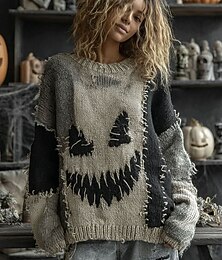cheap -Women's Sweater Cute Streetwear Casual Graphic Pumpkin Crew Neck Patchwork Knitted Long Sleeve Regular Tops Knit Orange Green Fall Winter