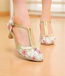 economico -Scarpe da ballo latino da donna con stampa floreale, cinturino a T e tacco medio - tacchi vintage Gatsby per feste e spettacoli da ballo