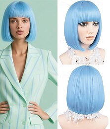 economico -parrucca bob blu con frangia, parrucca bob corta e dritta con frangia, capelli sintetici da 12 pollici, aspetto naturale, per l'uso quotidiano alle feste # azzurro cielo