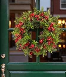 billige -julekrans til inngangsdør, innendørs &utendørsdekorasjon, kunstig eukalyptus med røde bær og barnålsgirlander, juledekorasjon til vegg, dør og vindu