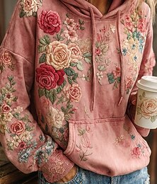 abordables -Sudadera con capucha bohemia vintage de impresión 3D para mujer sudadera de parcheo pulóver floral vikinga casual de manga larga con capucha ropa de calle parcheo impresión bolsillo frontal púrpura