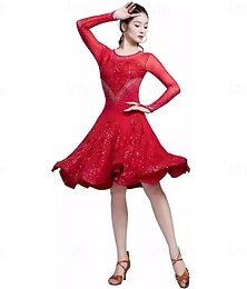 お買い得  -女性用ラテンタンゴサルサダンス競技ドレス ラインストーン 長袖 ワルツ チャチャ練習用 フィッシュテールスカート