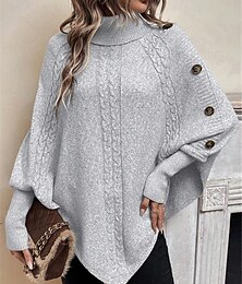 Недорогие -Жен. Вязаная ткань Пуловер Мода На каждый день Чистый цвет Рельефный узор Хомут Пуговицы Трикотаж Асимметричный шов Длинный рукав Обычные топы Вязать на открытом воздухе Повседневные выходные