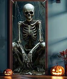 preiswerte -Halloween-Türabdeckungen, Totenkopf-Lagerfeuer und toter Baum, Wandteppich, Türvorhang-Dekoration, gruseliger Horror-Hintergrund, Türbanner für die Haustür, drinnen und draußen, Spukhaus-Party-Dekor