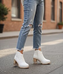 economico -stivaletti western in pelle bianca da donna - rifiniture borchiate, design ricamato e tacco spesso in legno per outfit casual alla moda