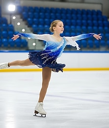 cheap -Figure Skating Dress Women's Girls' Ice Skating Dress Blue+Green Black Patchwork Glitter Mesh Spandex High Elasticity Practice Competition Skating Wear Handmade Crystal / Rhinestone Long Sleeve Ice