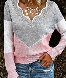 preiswerte -Damen Pullover Lässig Weich Farbblock Gerippt V Ausschnitt Gestrickt Langarm Normale Oberteile Stricken Outdoor Täglich Wochenende Rosa Frühling Herbst