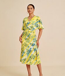 ieftine -Rochie midi pentru femei, mâneci tip liliac, elastică, imprimeu îndrăzneț, elegantă, versatilă, casual, zilnic, primăvară, vară, toamnă