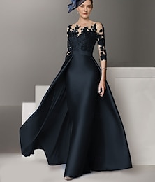 economico -Abito da sera A-Line per la madre della sposa elegante abito invitata a matrimonio strascico maniche lunghe scollatura rotonda raso con applicazioni