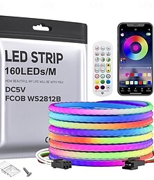 abordables -Bande LED 5 V, 5 mm de largeur, 1 à 5 m, COB WS2812B IC RVB, 160 LED/m, adressable individuellement, flexible, haute densité, lumière uniforme, chasse aux rêves, couleur