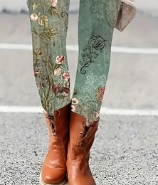abordables -Femmes Leggings Vacances ancien Mode Longueur cheville Taille haute Fleuri Graphique Feuille Impression Chaleur Thermique Doux Respirant Élastique Vacances Rue Blanche Vert Printemps Automne Hiver