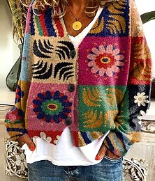 abordables -Femmes Pull Cardigan Élégant ancien Mode Fleuri Graphique Géométrique Col en V Avec Poches Tricoté Imprimé manche longue Hauts Réguliers Tricoter Extérieur Quotidien Week-end Marron Rouge Bleu