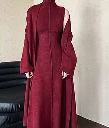 abordables -Femmes Robe Longue Maxi Robe Robe Tricot Robe Décontractée Robe Ensemble Élégant Mode Moderne Extérieur Quotidien Sortir Coupe régulière Uni manche longue Col haut Col montant Rouge Hiver Automne
