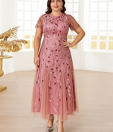 preiswerte -A-Linie Brautmutterkleid Übergröße Glanz & Glamour Rundhalsausschnitt Knöchellänge Polyester Kurzarm mit Gerafft Perlenstickerei