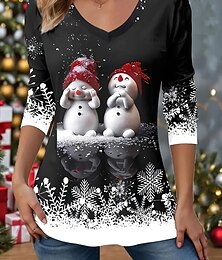 ieftine -Crăciun Pentru femei Tricou Grafic Om de Zăpadă Fulg zăpadă Epocă Stilat Clasic Manșon Lung În V Topuri obișnuite Zilnic Imprimeu Negru Primăvară Toamnă Iarnă