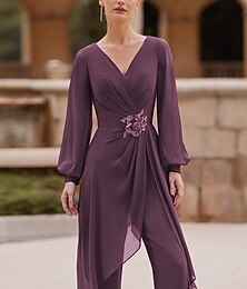 preiswerte -Schlauch Brautmutterformelles Hochzeitsgast Elegant Vintage V-Ausschnitt Bodenlang Chiffon Kurze Ärmel mit Falten Raffung Blume kostenlos maßgeschneidert