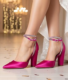 abordables -Escarpins à talon bloc et bride cheville en satin fuchsia pour femmes avec boucle en strass - chaussures élégantes à bout pointu pour cocktails et occasions formelles